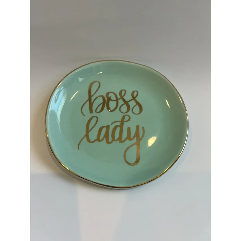 Boss Lady Jewelry Dish Trinket Mint Round Gold Ceramic Inspirational 4x4